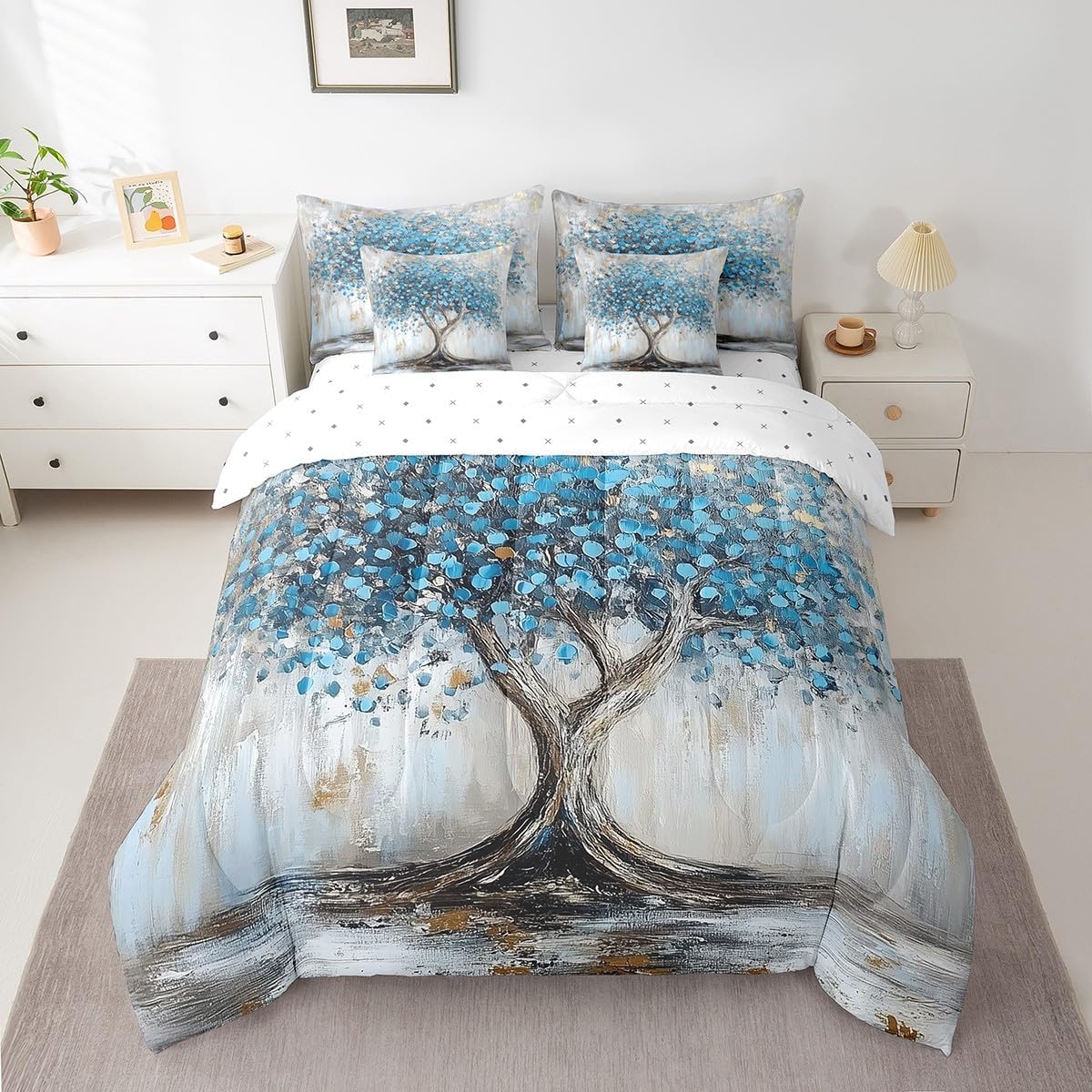 Feelyou 7Pcs Blue Tree Comforter Sets Twin Size, Nature Landscape Decor Modern Abstract Art Comforter Set Bed in a Bag(1 Comforter, 1 Flat Sheet 1 Fitted Sheet 2 Pillowcases and 2 Throw Pillow Covers)