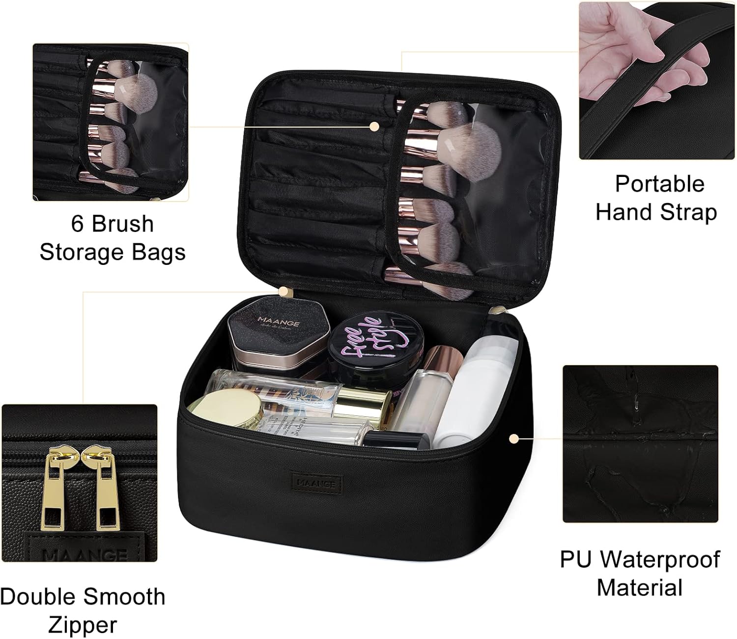 MAANGE Makeup Bag - Large Cosmetic Bag with 2pcs Small Makeup Bags Portable Leather Travel Makeup Bag Set Toiletry Bag Make Up Bags for Women and Girls (Black) - Image 4