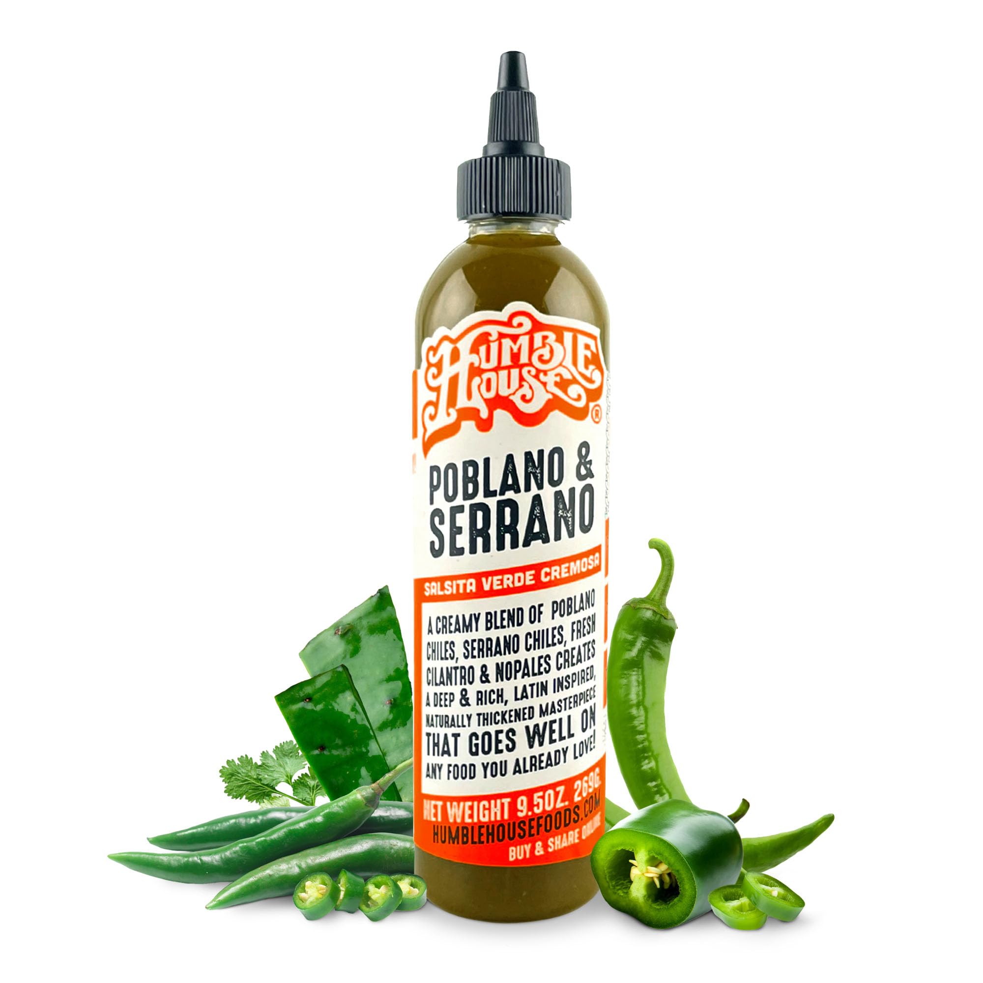 Humble House - Poblano & Serrano Pepper Hot Sauce, Zero-Calorie Low-Sodium Vegan Condiments for Chicken Wings, Tamales, Tacos, Sopes & More, All-Natural Preservative-Free Sauces for Food, 9.5 oz (1