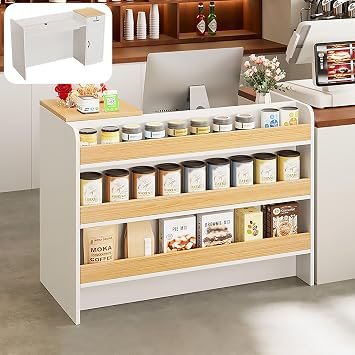 Small Salon Reception Desk with Counter, L-Shap Cashier Front Desk with Display Shelf & Lockable Drawers, Computer Desk Retail Counter for Salon Checkout Supermarket39.4, Right