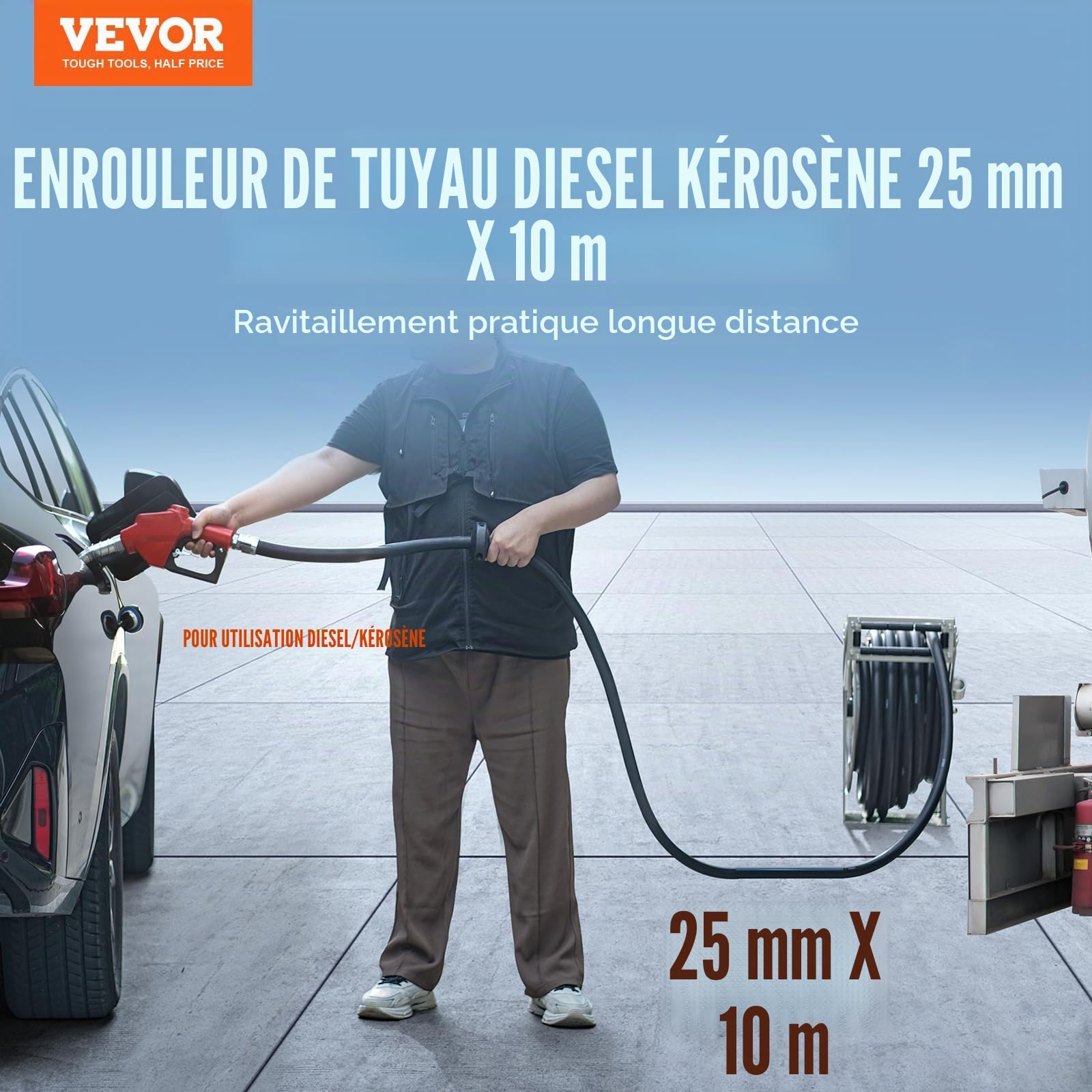 VEVOR Enrouleur de Tuyau de Carburant 25,4 mm x 10 m​ Dévidoir Tuyau de Diesel Rétractable Extra Long Caoutchouc NBR Buse de Ravitaillement Auto 300 PSI pour Avion, Bateau, Véhicule, Camion-citerne