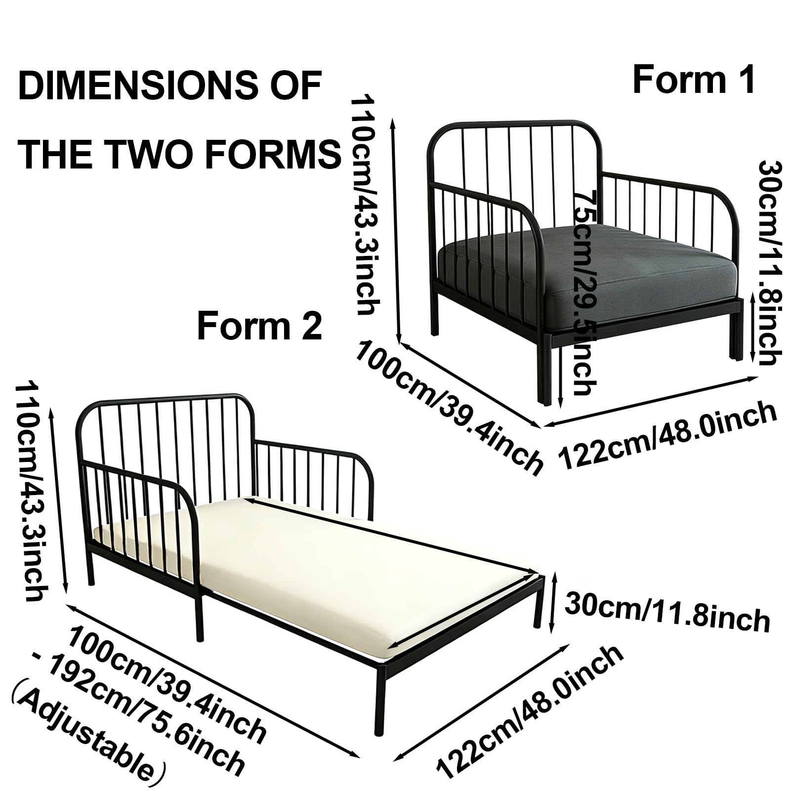 Generisch Multifunktionales Schlafsofa, Tagesbett Couch mit Metallrahmen, 2-Sitzer Schlafsofa mit Relaxfunktion, Wohnzimmermöbel Set Inkl Matratze,Weiß,122cm