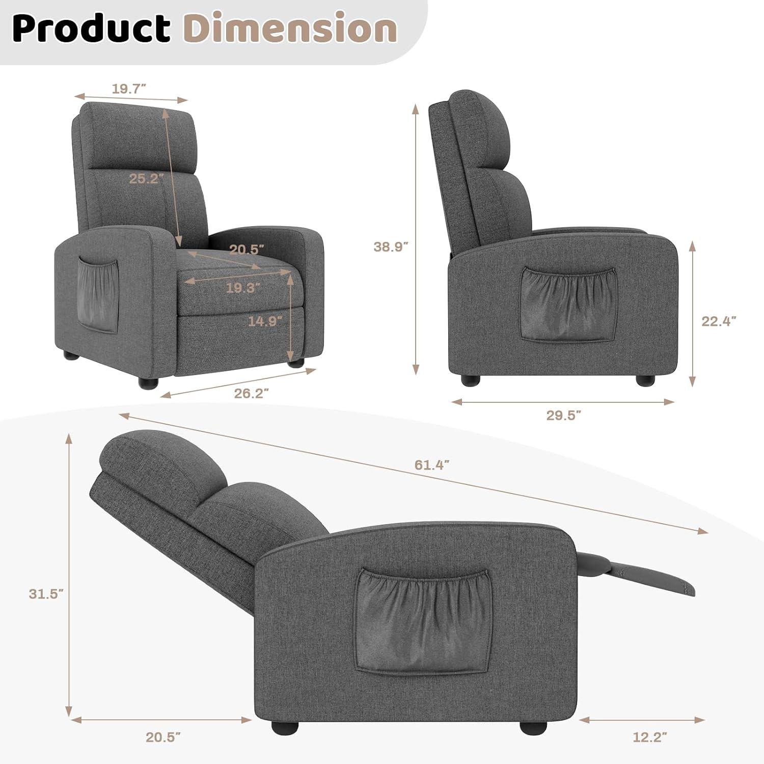TLSUNNY Fabric Recliner Chair, Single Reclining Sofa with Thicker Seat Cushion and a Side Pocket, Home Theater Seating with Adjustable Backrest and Footrest, for Living Room, Linen (Gray)