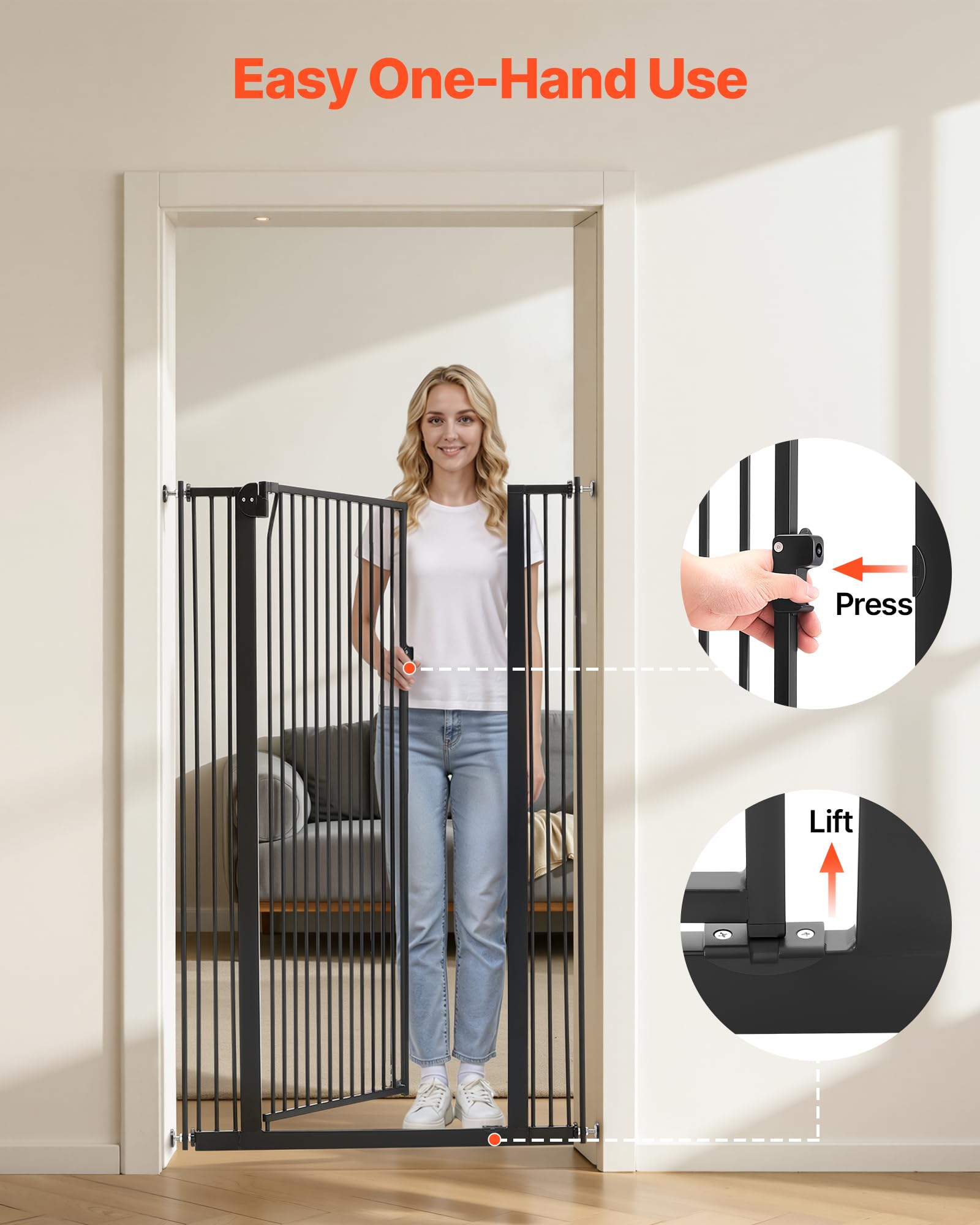 VEVOR Barrera de Seguridad para Niños, Ajustable de 740-1050 mm, Alto Extra de 1420 mm, Puerta de Seguridad para Perros y Gatos, con Kit de Montaje a Presión, para Dormitorio Hogar Salón, Negro