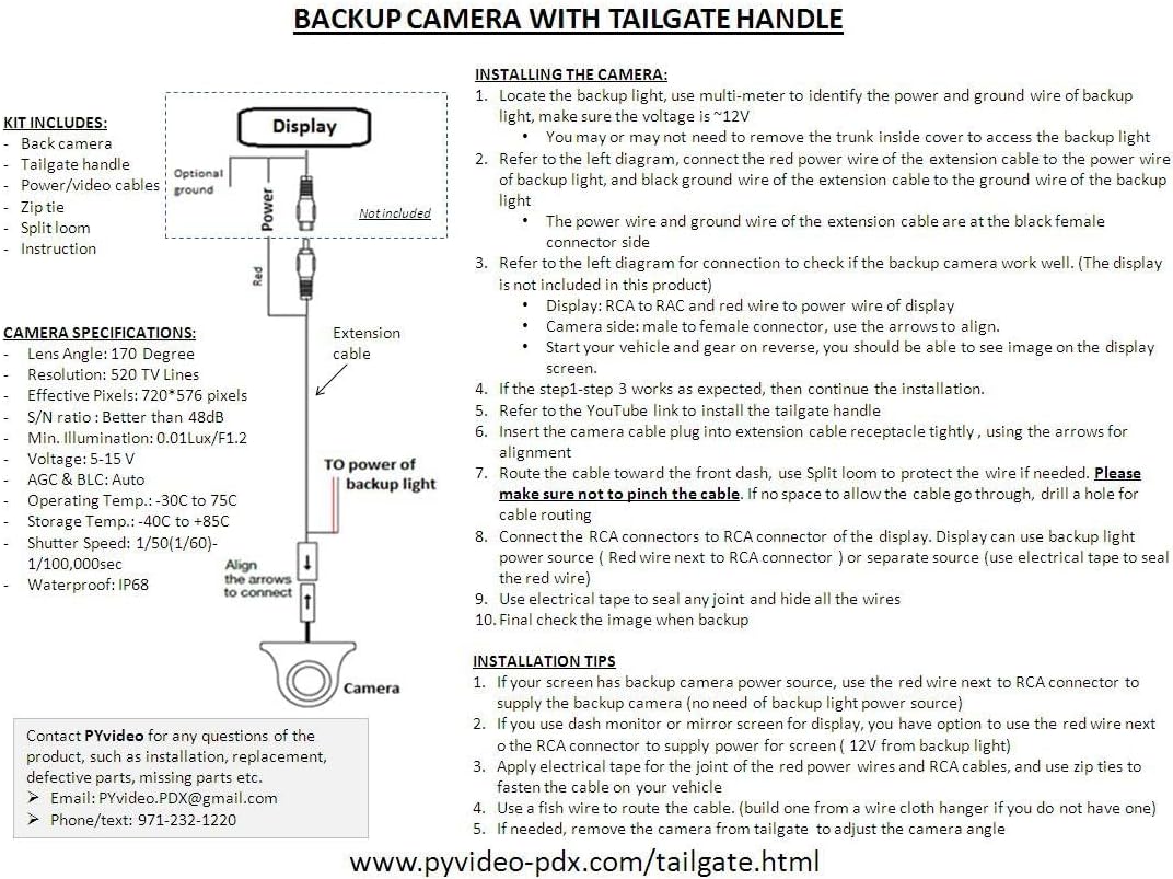 Backup Camera with Tailgate Handle for Tacoma (2005-2014) for Universal Monitors (RCA) (Color: Black)