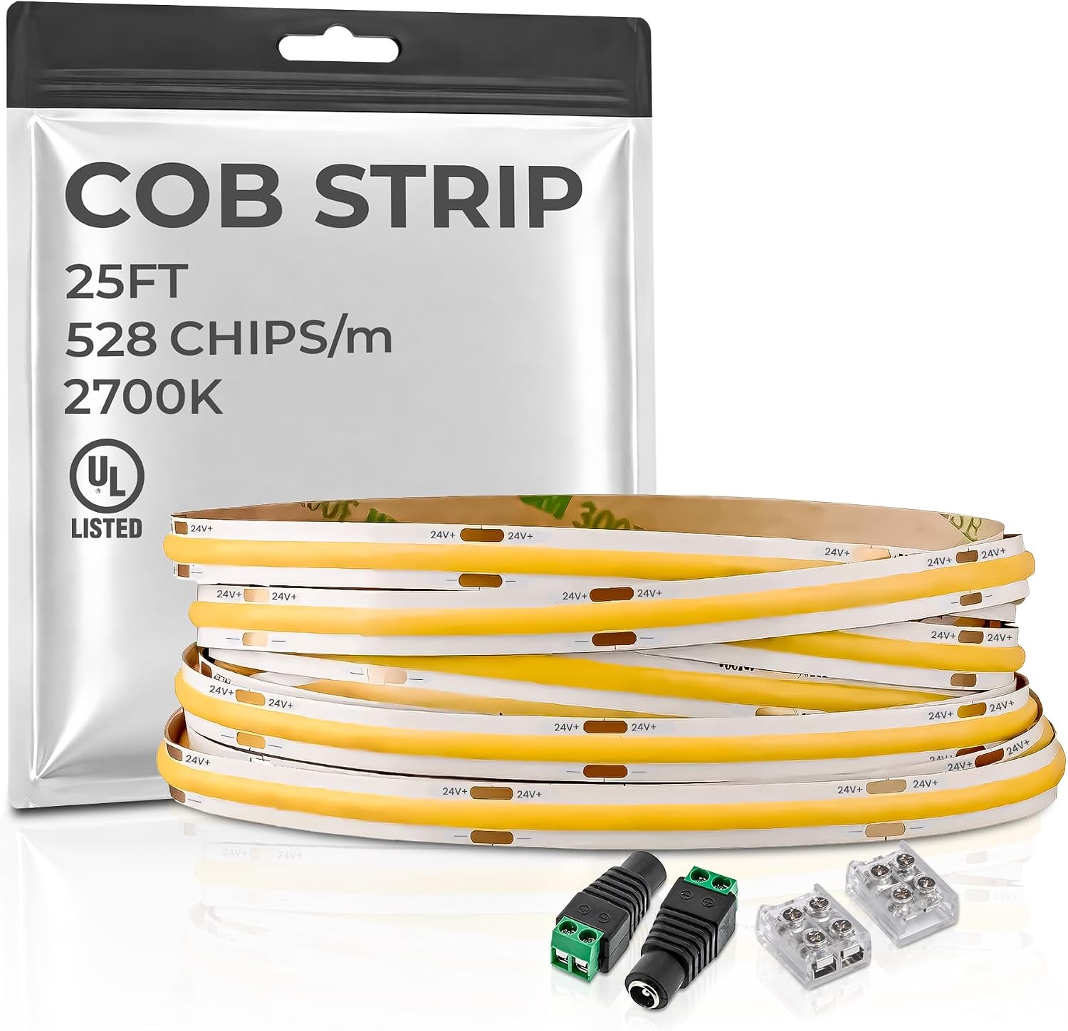 COB LED Strip Warm White 2700K, 24.6ft Premium High Density 24V Light, 3960 LEDs, 520+ LM/FT, CRI 90+, IP30, Lighting for Kitchen, Cabinets, UL Listed (Power Supply Not Included) (2700K Warm White)