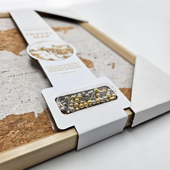 Splosh Travel Map - Desk World Map Pin Board in White Wooden Frame World Map Cork Board with 100 Pins in 2 Colours to Mark Your Past and Future Adventures Framed World Maps for Desks.