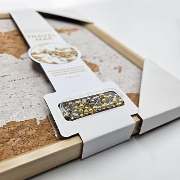 Splosh Travel Map - Desk World Map Pin Board in White Wooden Frame World Map Cork Board with 100 Pins in 2 Colours to Mark Your Past and Future Adventures Framed World Maps for Desks.