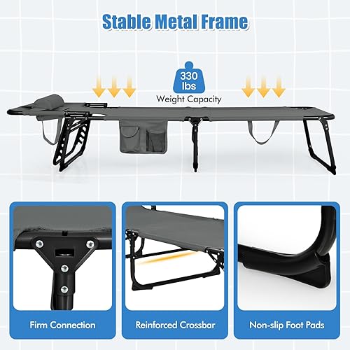 Miniatura 4 de COSTWAY Silla de playa plegable, silla de bronceado con orificio para la cara, respaldo ajustable de 5 posiciones, almohada y bolsillo lateral,