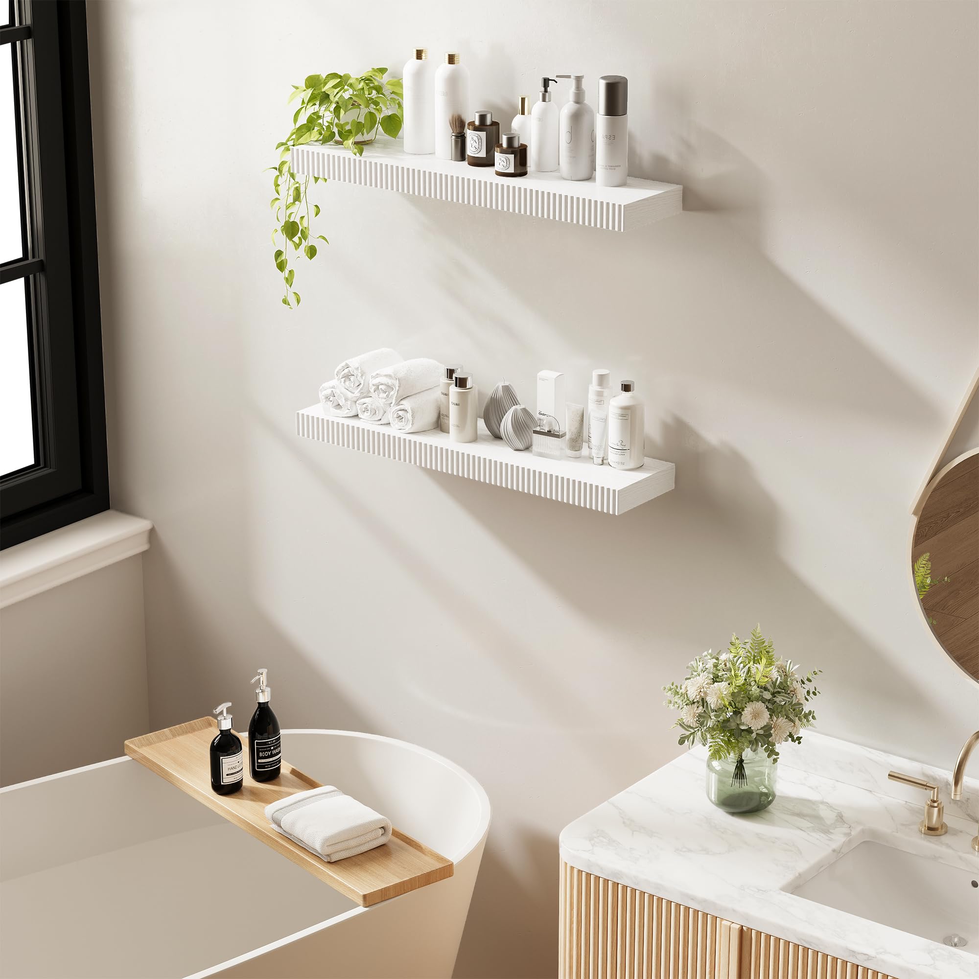 INNOD Estantes flotantes de 24 pulgadas para pared, estantes de madera montados en la pared para baño, dormitorio, sala de estar, cocina, estante colgante con soportes invisibles para almacenamiento