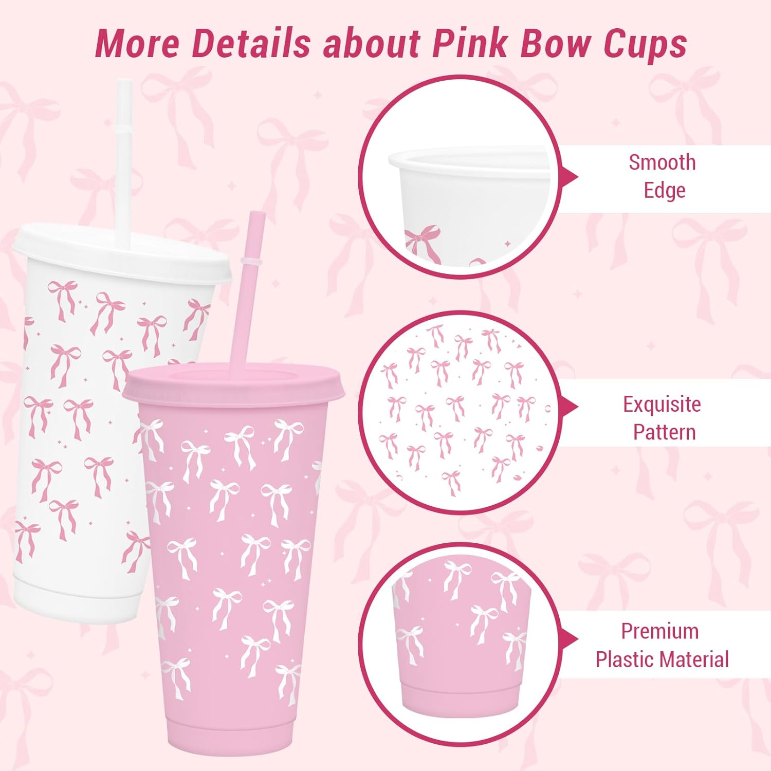 12 Pcs Pink Plastic Cups, 24 oz Pink Bow Cups with Straws and Lids for Wedding Baby Shower Birthday Party Decorations Favors Home Office Party Supplies