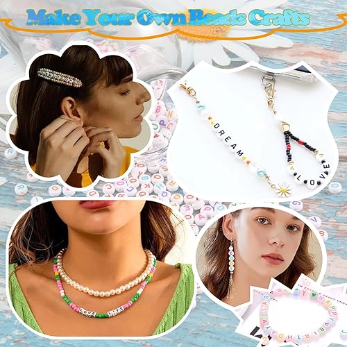 Miniatura 5 de 1100 cuentas de letras para hacer pulseras, 5 estilos de cuentas del alfabeto con cuentas espaciadoras doradas que brillan en la oscuridad, cuentas