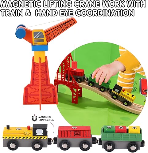 Miniatura 4 de Juego de 62 vías de tren de madera, accesorios de sistemas ferroviarios de madera, paquete de expansión con tren + grúa, para niños de 3 a 10 años