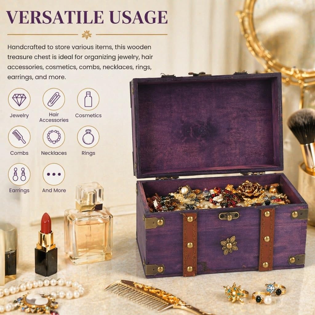 Treasure Chest Box, Wooden Jewelry Decorative Keepsake Box Vintage Decor