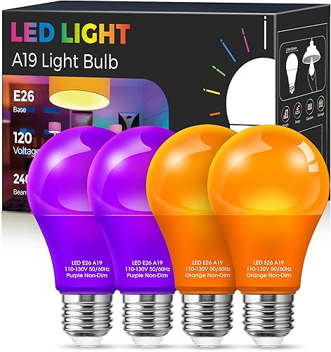 Fulighture Bombillas de luz púrpura naranja para exteriores 4 unidades Bombillas LED A19 de Halloween LED naranja 9 W (equivalente a 60 W) -