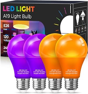 Purple Orange Light Bulbs Outdoor [ 4 Pack ] LED A19 Halloween Light Bulbs LED Orange Light 9W (60W Equivalent) - E26 Purple LED Light Bulb for Porch Light Colored Christmas Party Home Decor