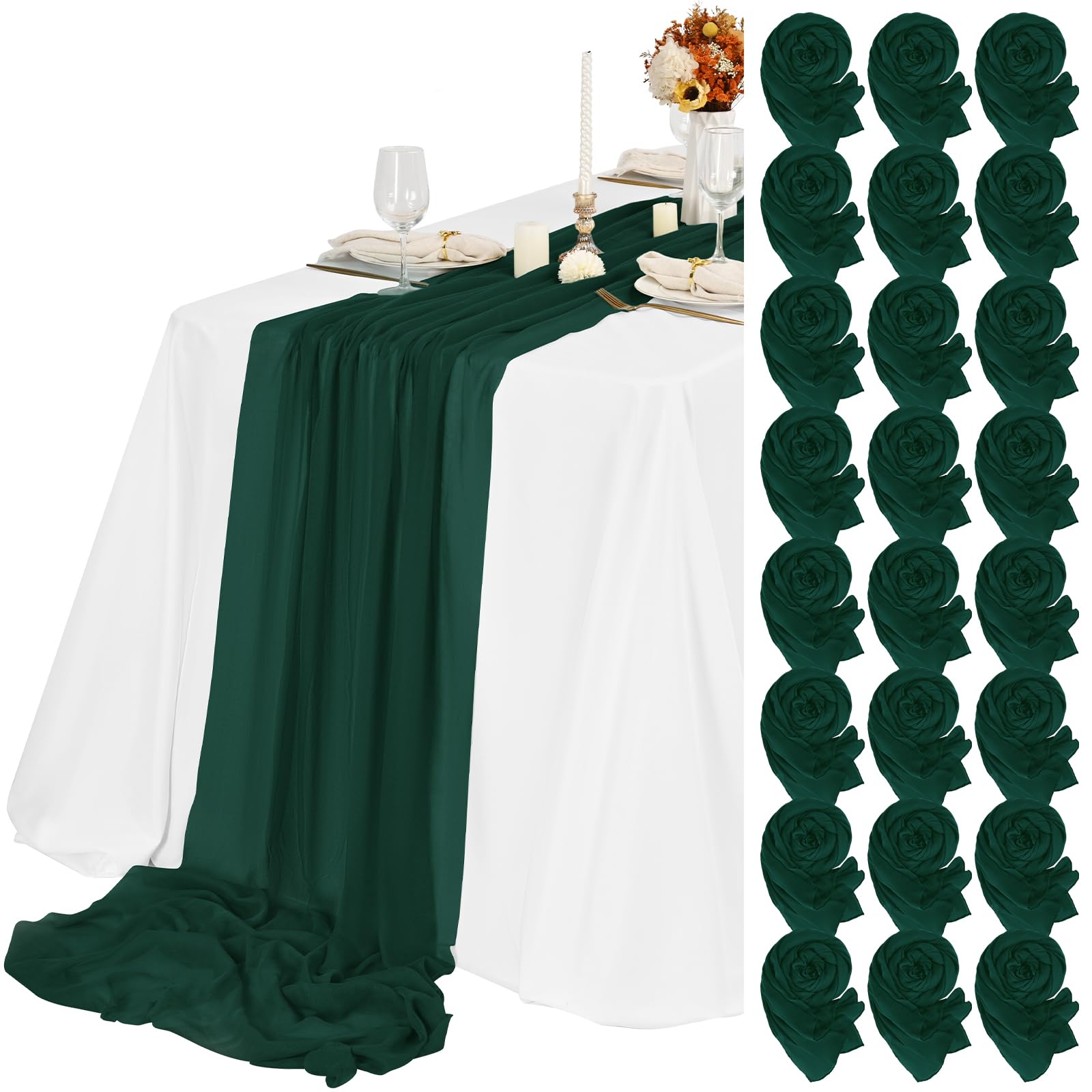 Photo 1 of 24 Packs Emerald Green Cheesecloth Table Runner,10ft Rustic Gauze Boho Wedding Table Runner Decoration, Wedding Table Decor Sheer Table Runner for Wedding Party Bridal Shower Table