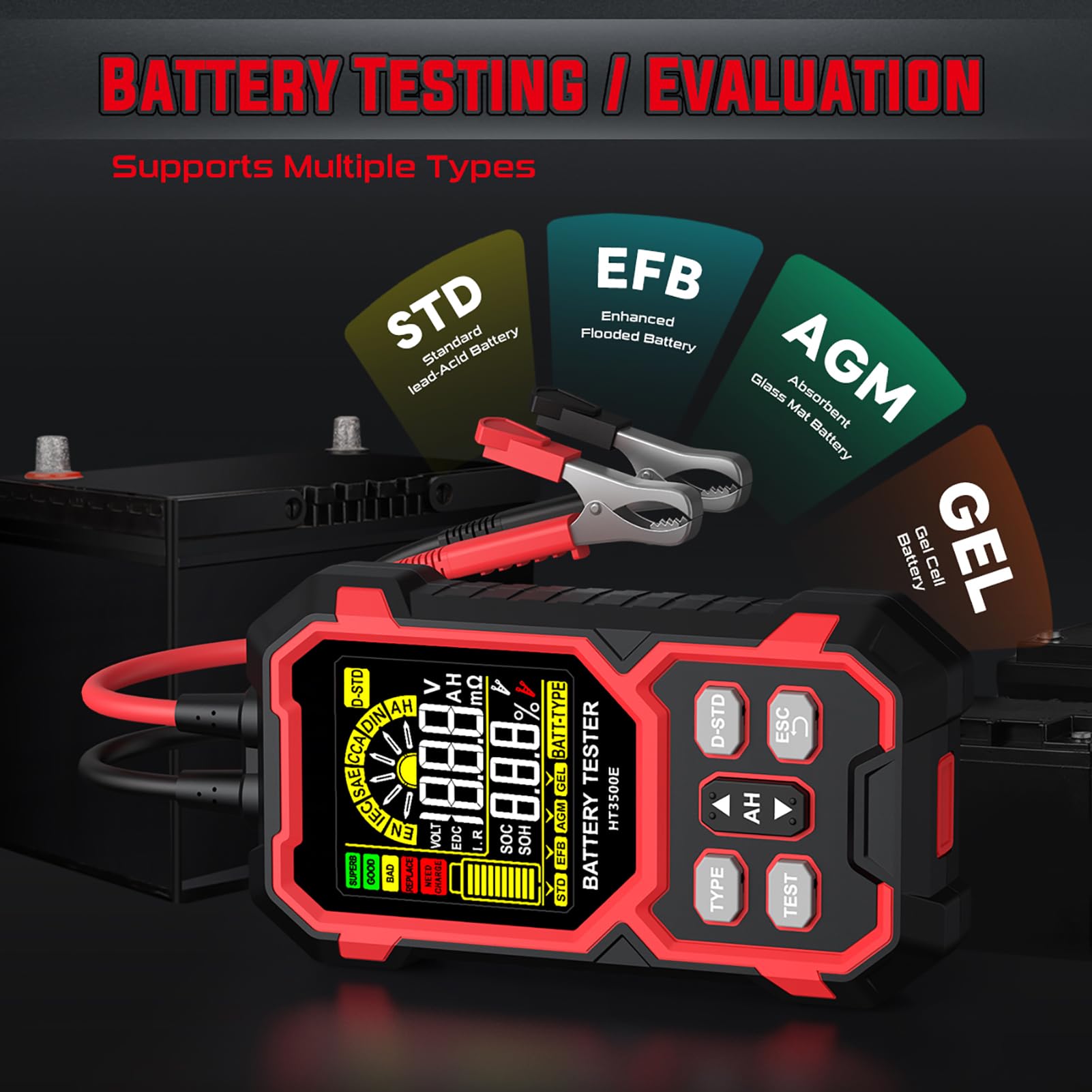 Tester Akumulatora Samochodowego 12 V 24 V Tester Obciążenia Akumulatora Samochodowego z Kolorowym Wyświetlaczem LCD do Pojazdu Ciężarowego RV Łódź Motocykl CCA SOC SOH Tes (HT3500E Wersja