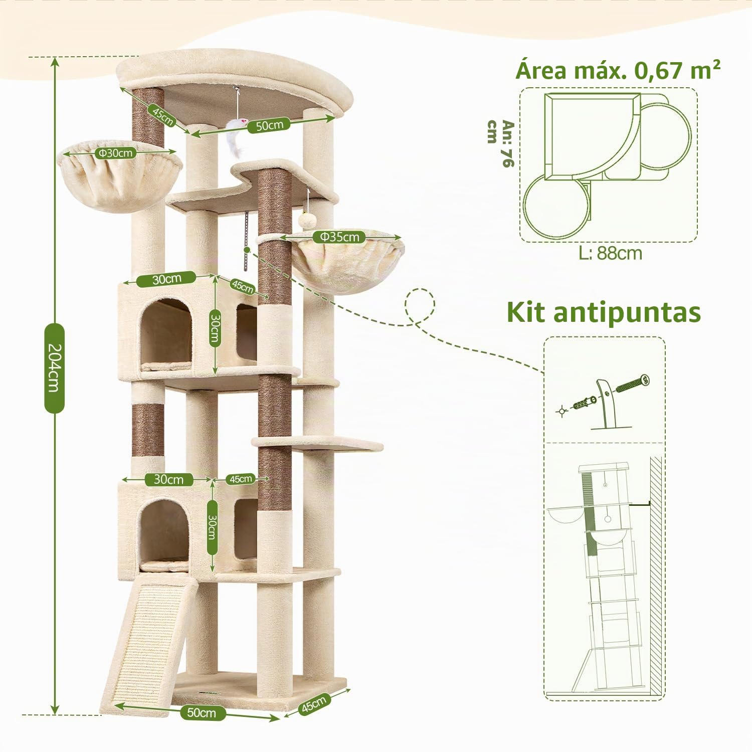 Globlazer Beige Arbol Gatos XXL 204 cm con 2 Grandes Nidos 45 * 30 * 30cm, Inmenso Plataformas Acolchada, Tabla Sisal, 2 Cesta, Estable Esquinero Rascador para Gatos Descansar Rascarse (C80, Beige)