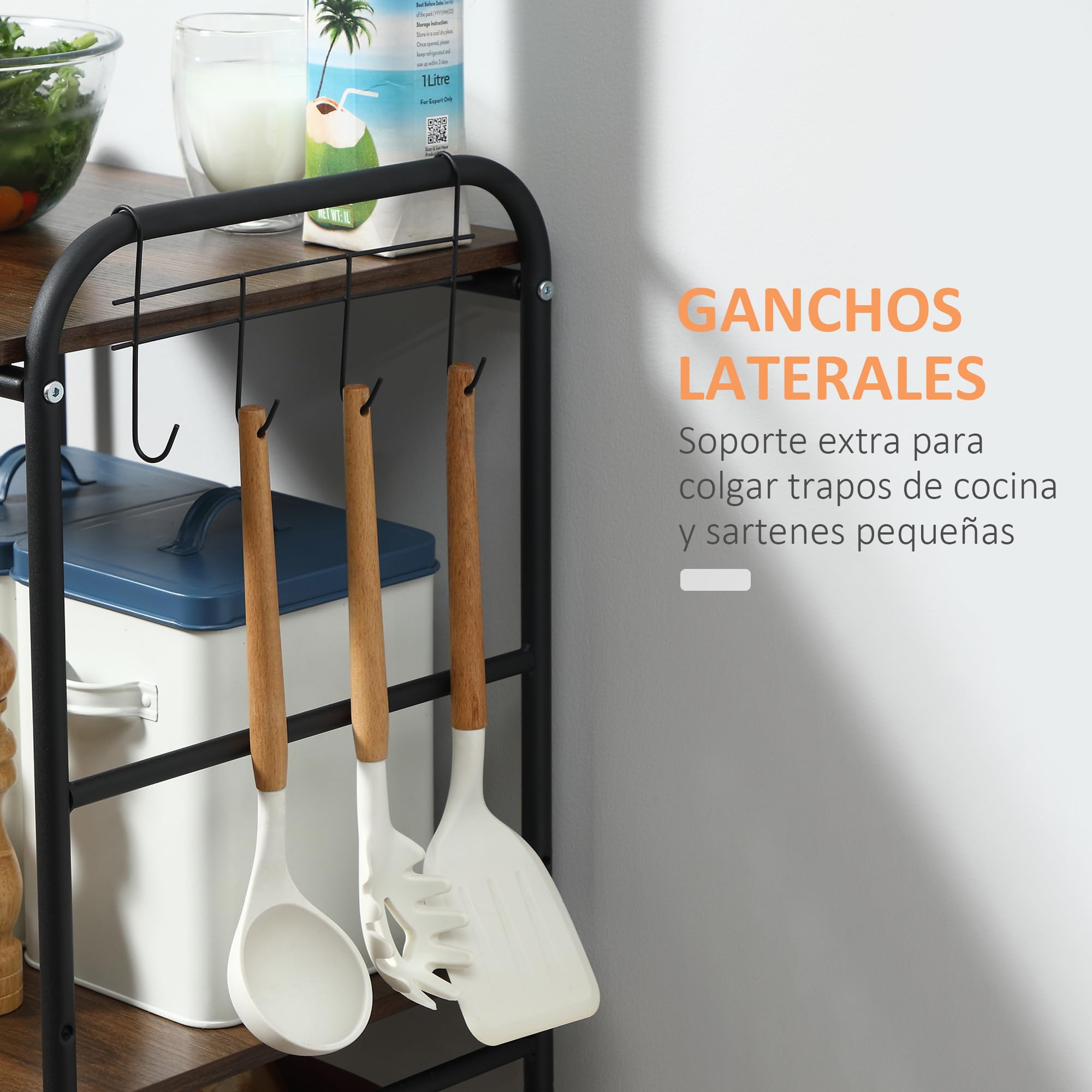 HOMCOM Carrito de Cocina Carrito Auxiliar con Ruedas con 2 Estantes 2 Cestas Extraíbles y 4 Ganchos para Comedor Baño 40x38x111 cm Nogal y Negro