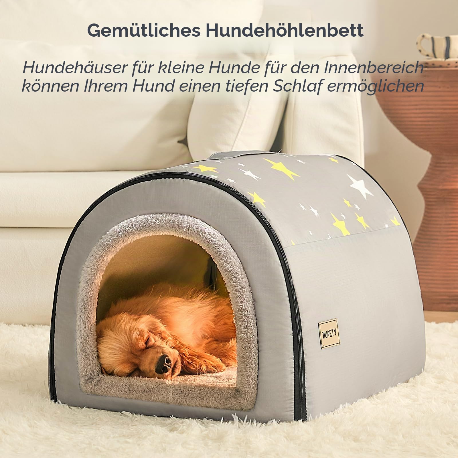 Jiupety Hundehütte Indoor, 2-in-1 Hundehaus für Drinnen, Größe L Hundehöhle Mittelgroße Hunde, Warme Höhle Schlafnest, Grau