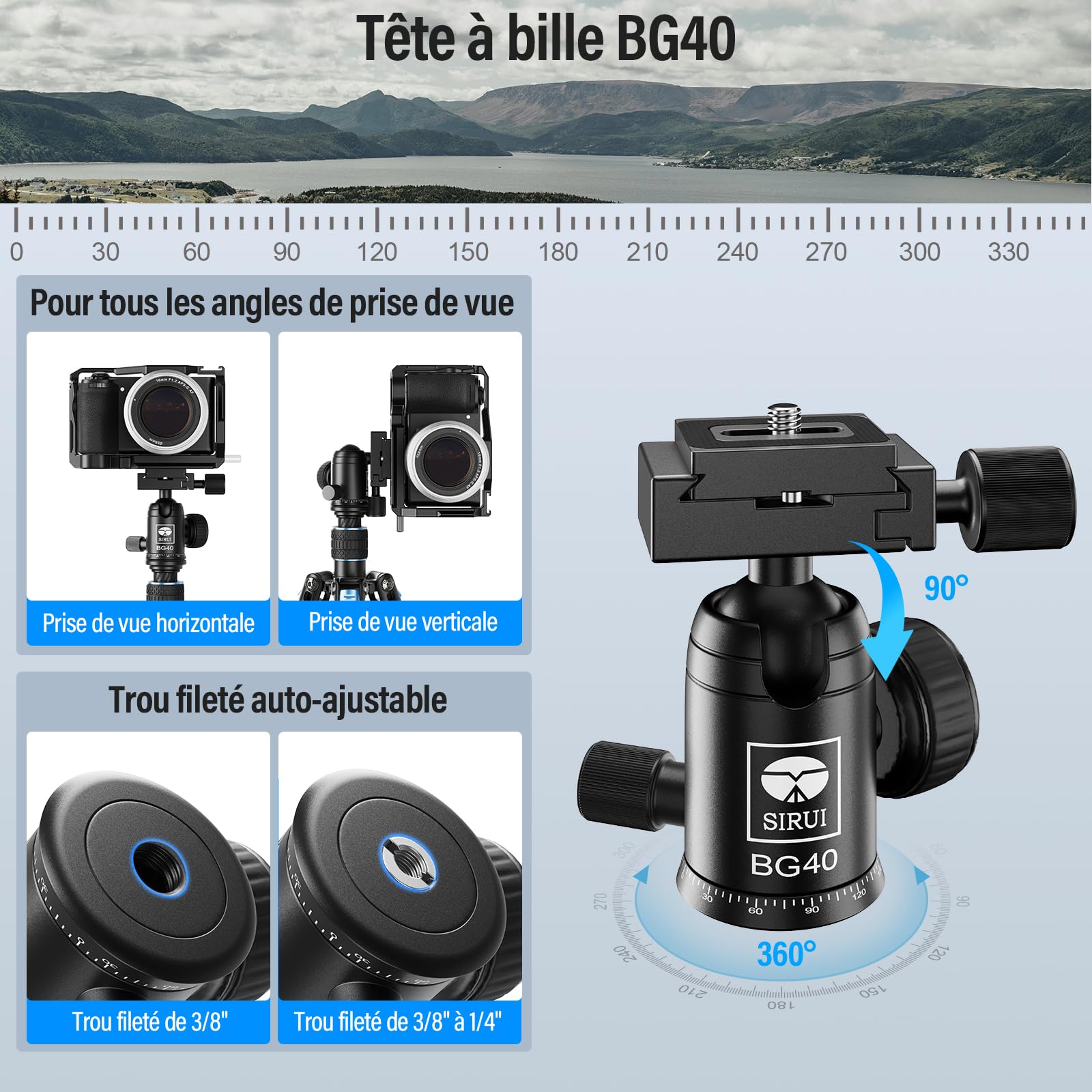 SIRUI 60'' Trépied Appareil Photo avec PTZ 360°,Trépied Vidéo en Fibre de Carbone,Pied Camera de 2 LB avec Plaque de Chargement Rapide,Poids Maximum 10kg(Traveler X-III)
