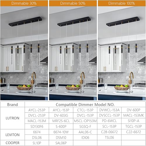 Miniatura 3 de LMQNINE Lámpara colgante de 5 lámparas de comedor regulables LED moderna de isla de cocina negra con cristal de burbujas para cocina, isla,