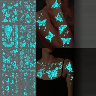 TecoKart® 8 Sheets Glow in the Dark Butterfly Temporary Tattoo for Women – Long-Lasting Waterproof Tattoo Sticker Set, Saf... Price In India