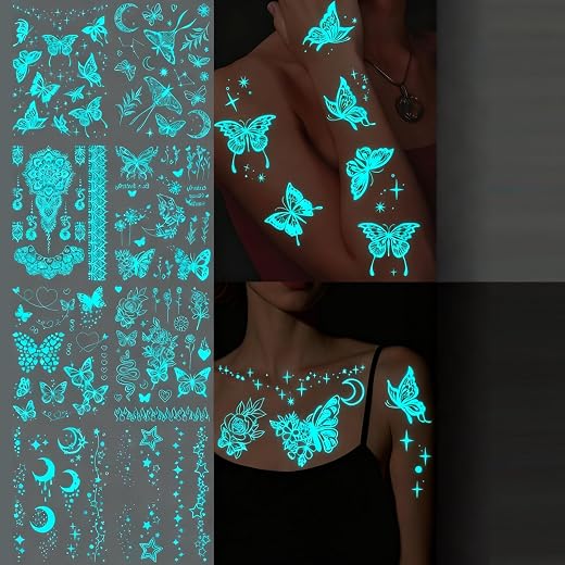 TecoKart® 8 Sheets Glow in the Dark Butterfly Temporary Tattoo for Women – Long-Lasting Waterproof Tattoo Sticker Set, Saf...
