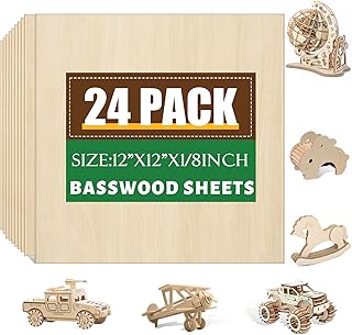 24 Pack Basswood Sheets 1/8 x 12 x 12 Inch for Crafts, Basswood Sheets Plywood Sheets for Laser Cutting & Engraving, Architectural Models.Unfinished Wood Sheets for DIY Projects.