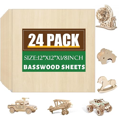 24 Pack Basswood Sheets 1/8 x 12 x 12 Inch