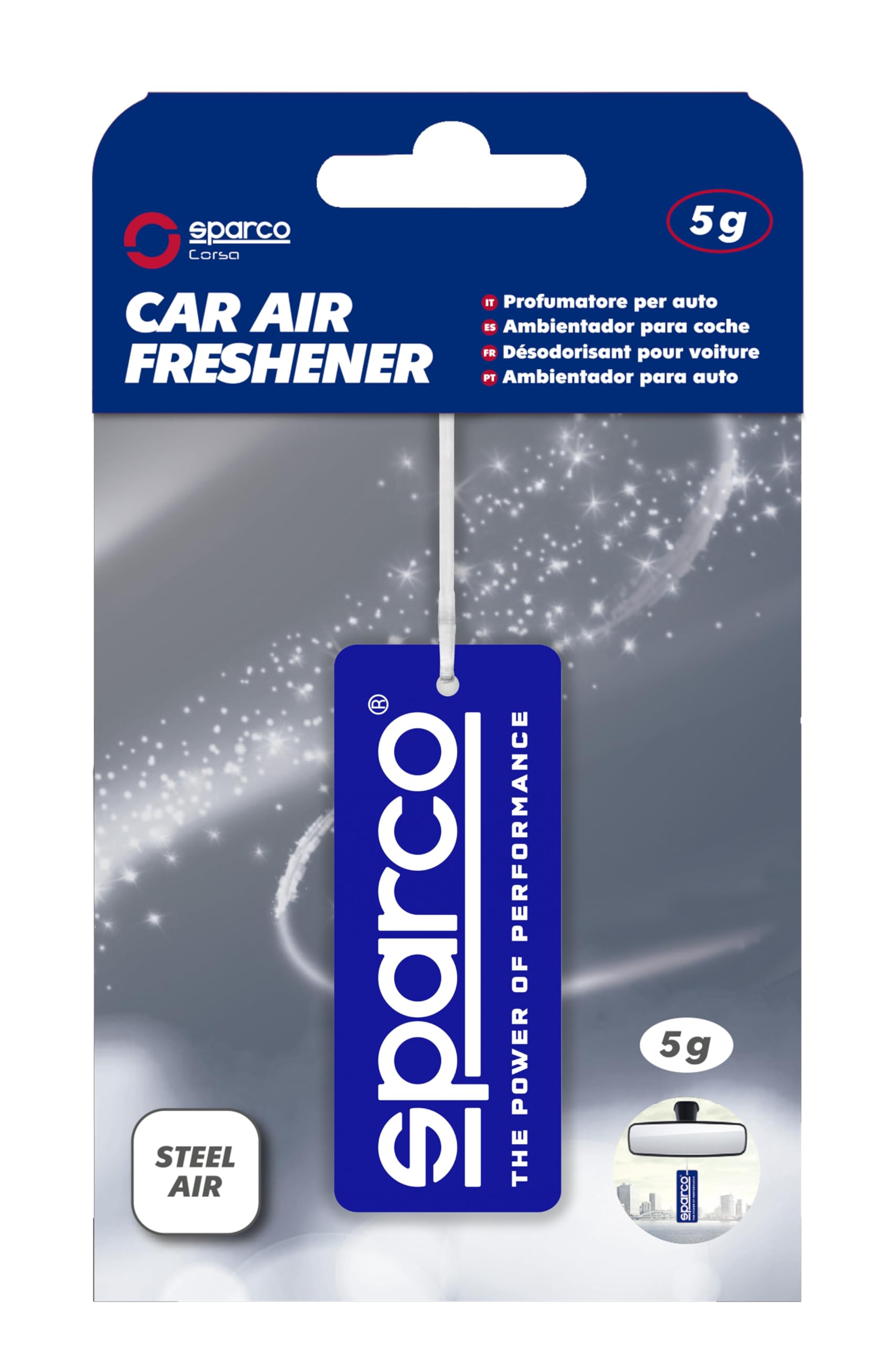 Sparco Cellulose Car Air Freshener with Hanging Hook, Steel Air Fragrance, Aromatic Fougère Scent with Herbal Notes and a Clean Musky Base, Up to 30 Days, 5 Grams