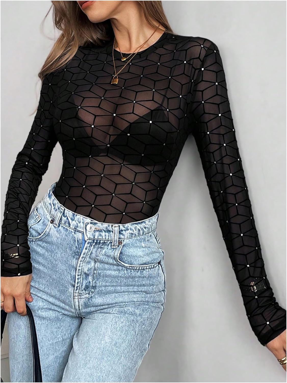 SHENHE Women's Mesh Long Sleeve Bodysuit See Through Rhinestone Geo Print Sexy Bodysuit - Image 6