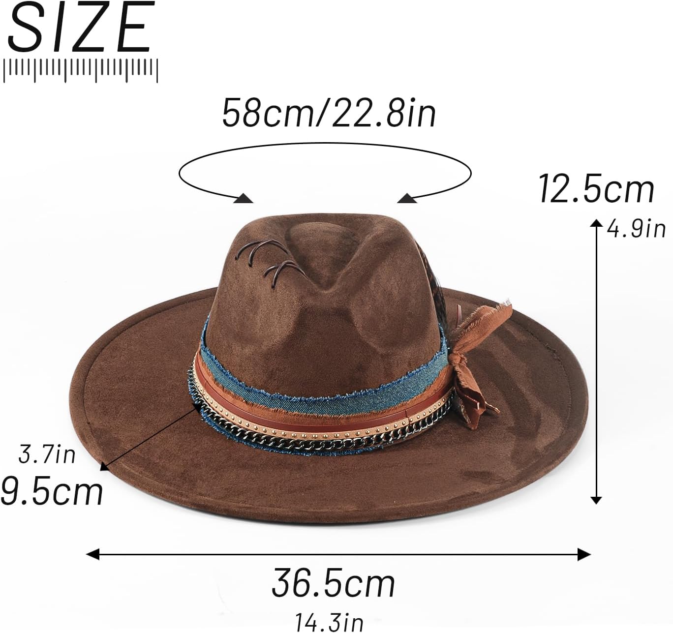 Wide Brim Fedora Hat for Men Women Handmade Felt Boho Western Dress Hats M-L
