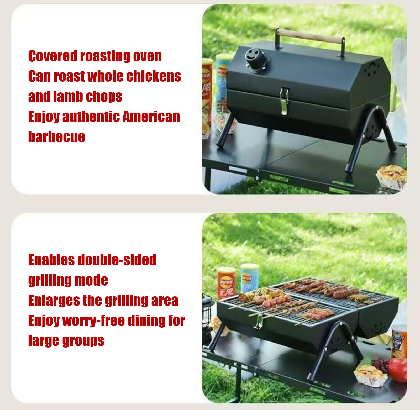 Przenośny składany grill na węgiel drzewny – dwustronny grill kempingowy z rozrusznikiem kominowym – kompaktowa konstrukcja na piknik i grillowanie na podwórku