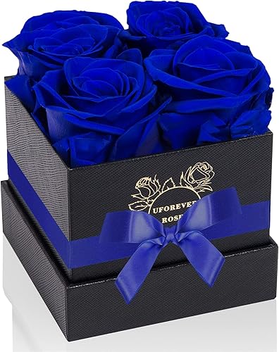 Rosas preservadas en caja, 4 piezas, flores preservadas, regalo de rosas para ella, azul rey