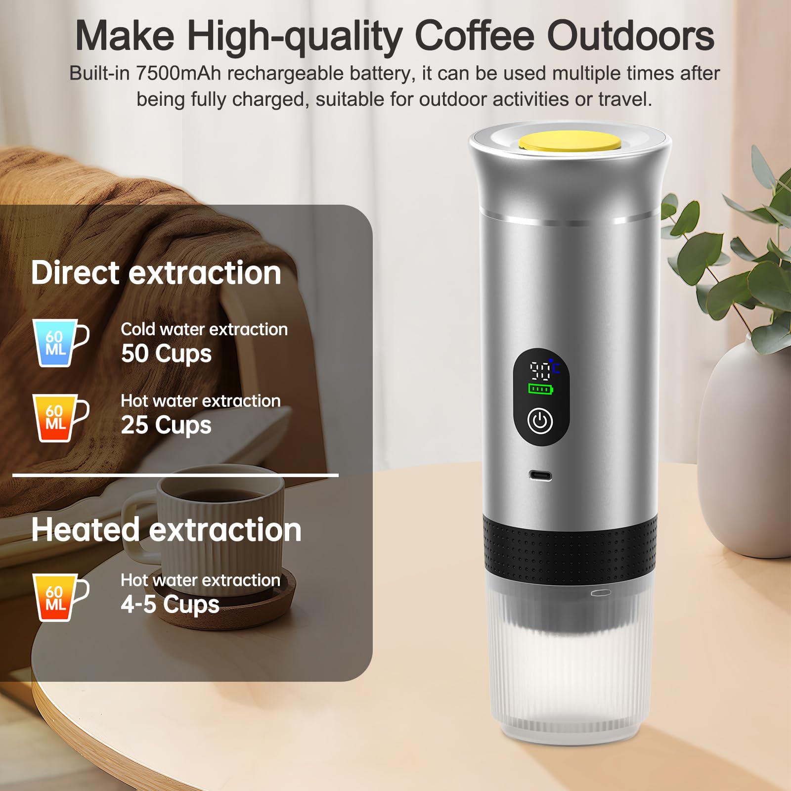 Caffettiera Portatile Riscaldamento Rapido 80ml 20 Bar (Argento) | Display Intelligente Temperatura Compatibile Cialde & Caffè Macinato, 7500mAh USB-C, Ideale per Viaggi & Ufficio