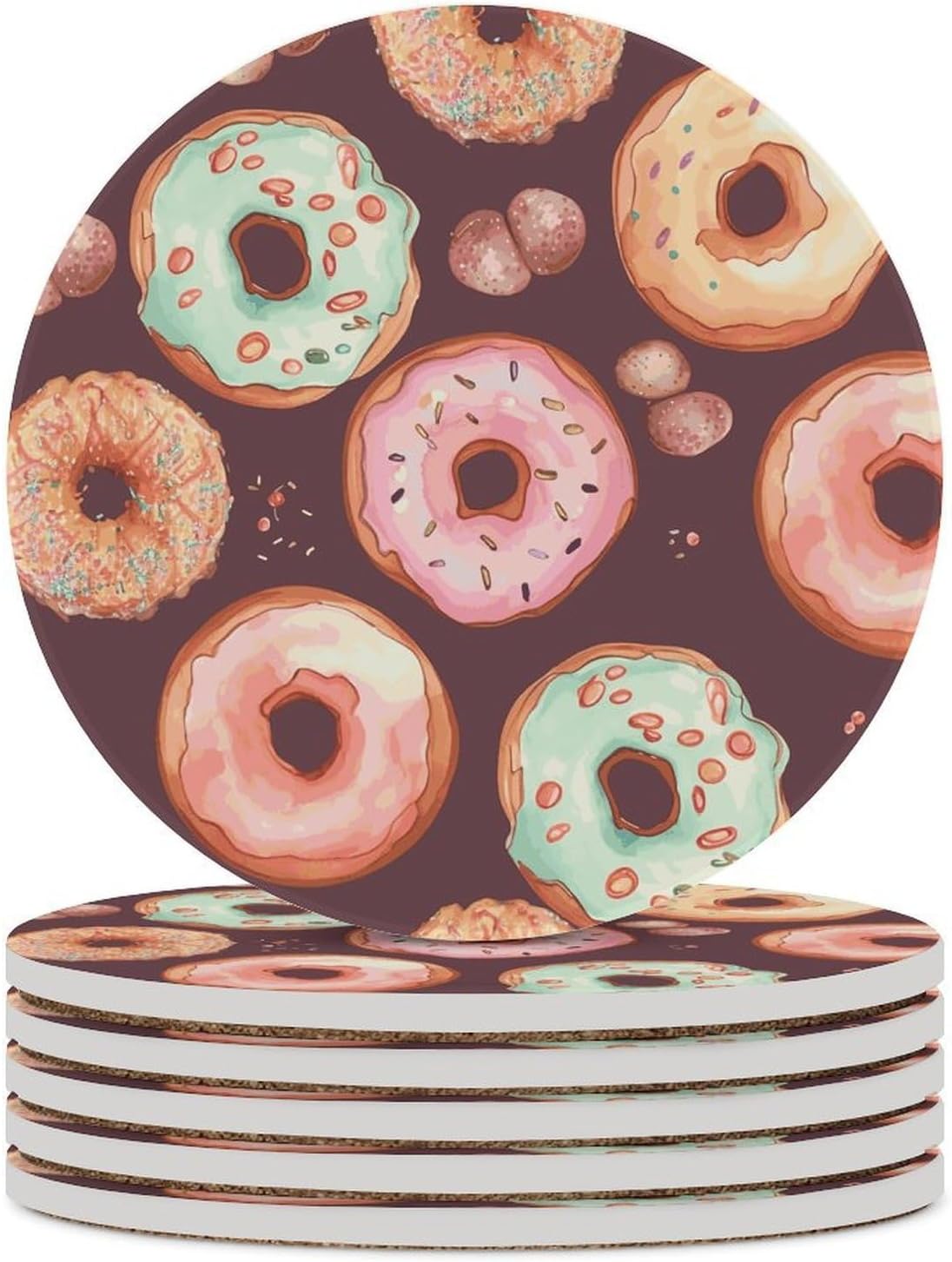 Pretty Donuts Coaster with Cork Base Drink Coasters for Coffee Table Decor Modern Cup Coasters with Non-Slip & Heat-Resistant Cute Ceramic Table Coaster for Home Dining