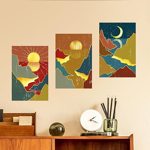 Miniatura 4 de Calcomanías de pared autoadhesivas sin marco, diseño de sol, luna, montañas, ríos, paisaje, juego de 3, pósteres de pared e impresiones para