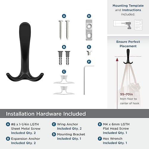 Miniatura 5 de Amerock HBX37013MB - Gancho decorativo de pared de triple punta, color negro mate para abrigos, sombreros, mochilas, bolsos, ganchos para baño,