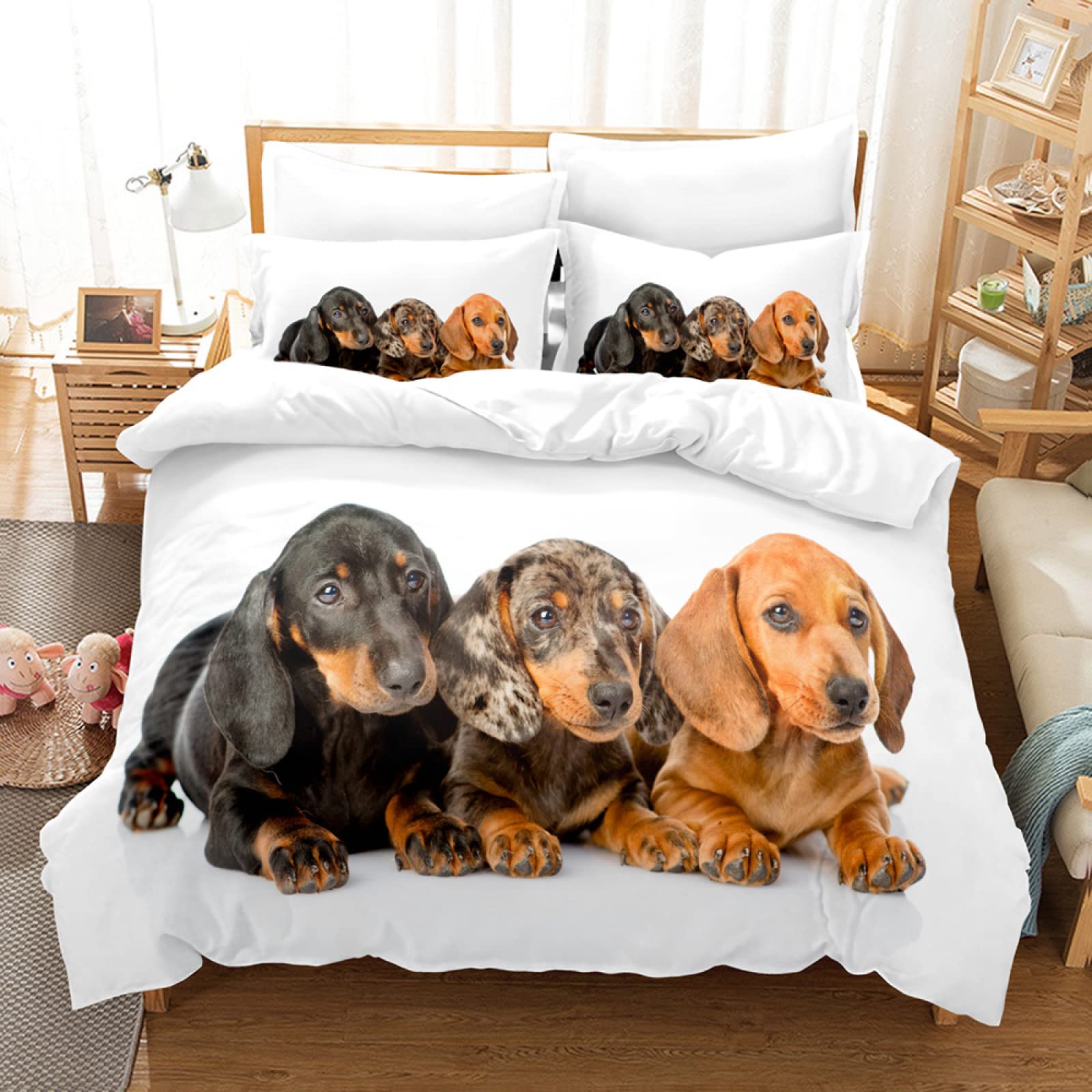 Parure de lit 90x190 enfant chien blanc avec housse de couette microfbre et taie d'oreiller