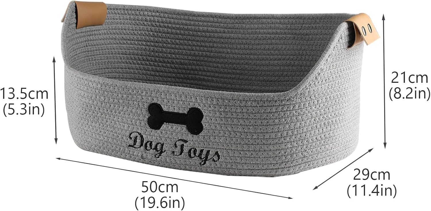 Woven Dog Toy Baskets ,Rope Basket for Dog Toys,Collapsible Dog Toy Bin with Leather Handles,Trapezoidal Puppy Toy Storage Basket,Chewproof Dog Organizer for Toys,Collar,Leash,blankets-Gray