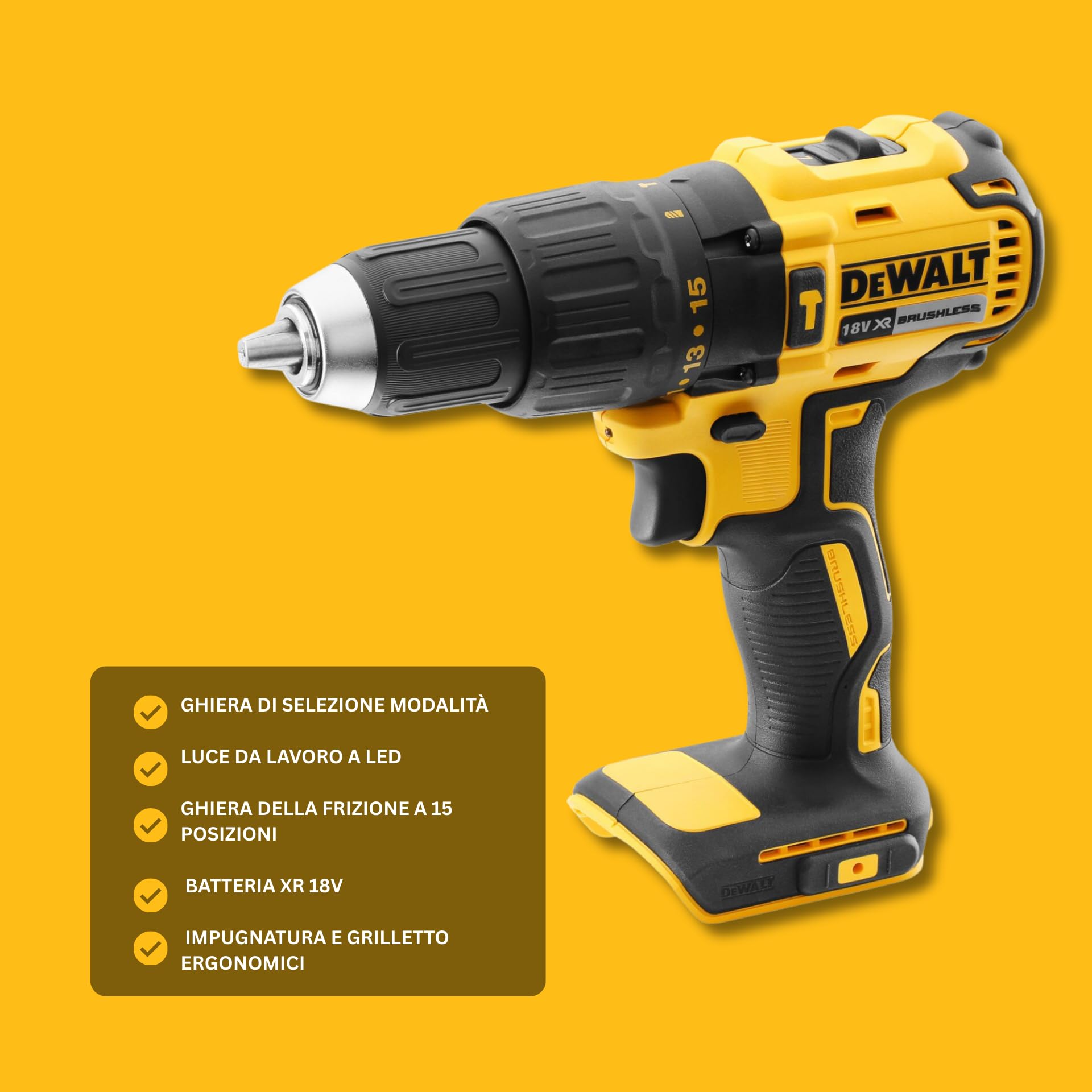 DEWALT XR 18V Trapano Avvitatore Combinato Brushless, Compatto Senza Fili con 2x Batterie XR Li-Ion 2Ah, Caricabatterie, Valigetta, Alta Coppia, Luce LED, Prestazioni Versatili – DCD778D2T-QW