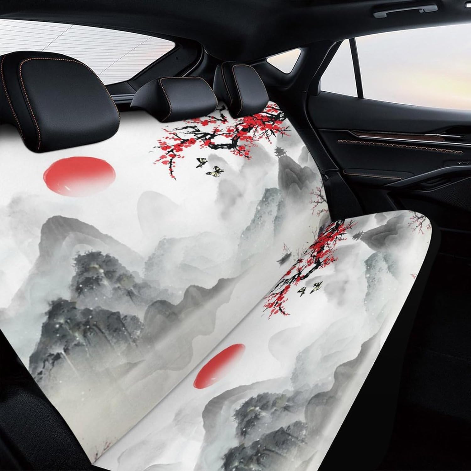 Asian Japanese Waterproof Car Seat Cover for Rear Bench Seat Protection Vintage Cherry Blossom Mountains Red Sun Ink Print Car Rear Seat Covers Breathable Automotive Accessories