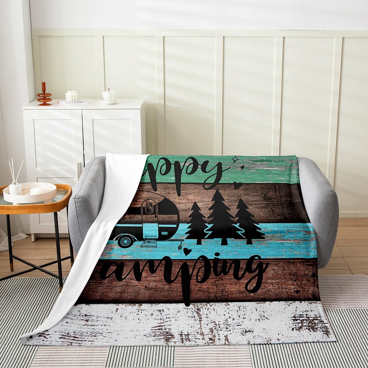Camper Travel Trailers Bed Blanket,White Brown Vintage Wood Barn Flannel Blanket for Room Decor,Country Style Fleece Blanket for Kids Adults,Super Soft,Twin 60