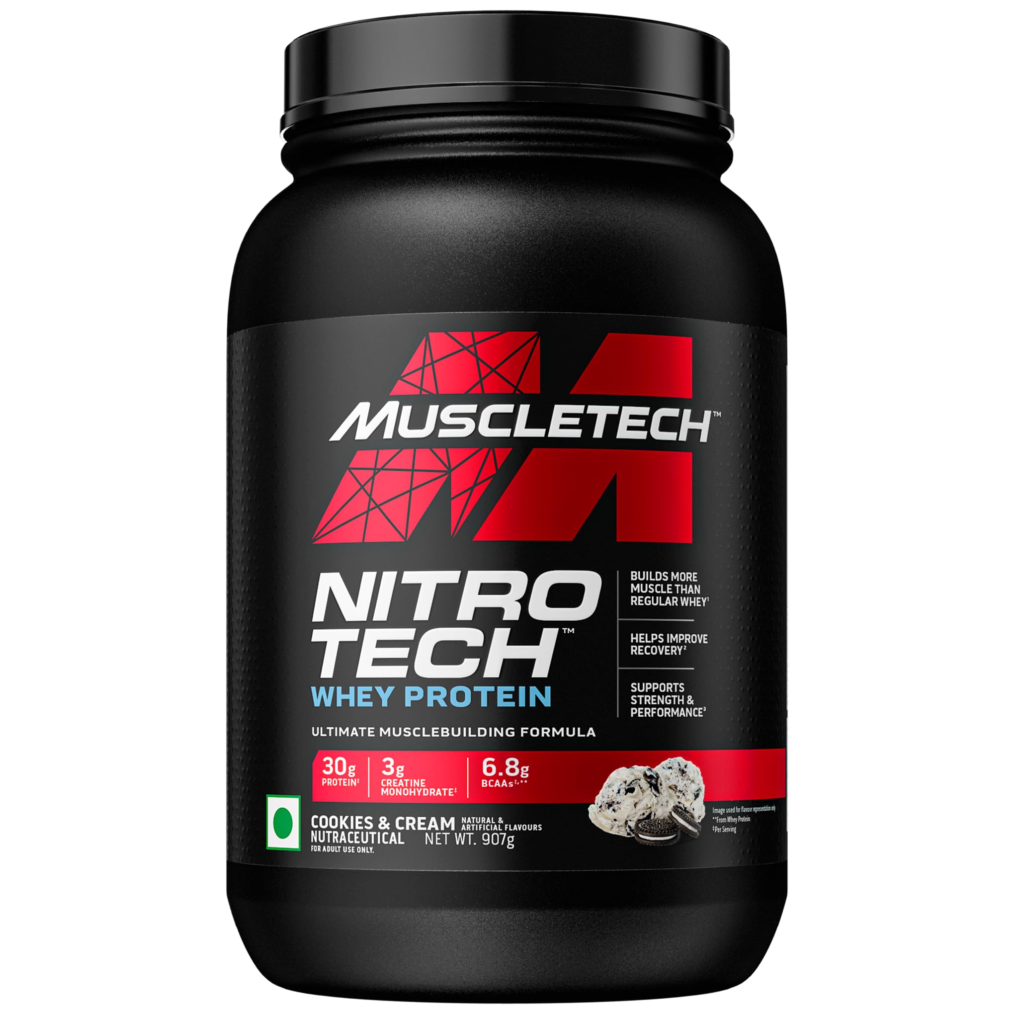 Muscletech Nitrotech Whey Protien Powder Ultimate Muscle Building Formula for Muscle Support & Recovery (30g Protein, 3g Creatine Monohydrate & 6.8g BCCA's) Vegetarian - Cookies & Cream - 907g