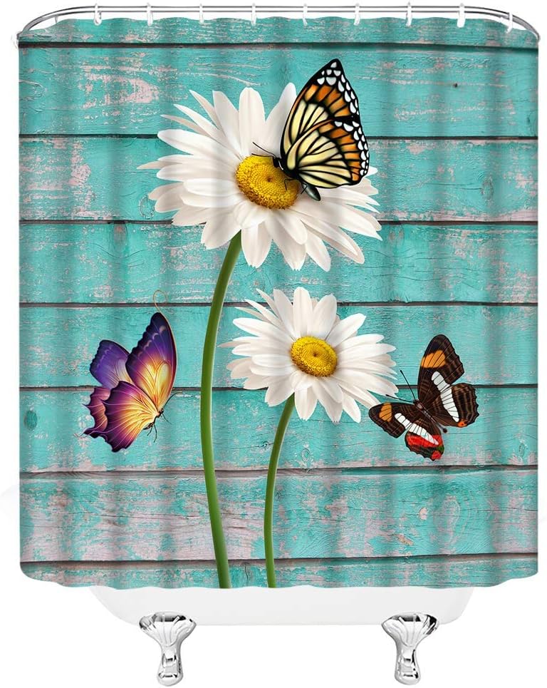 Rustic Daisy Shower Curtain Farmhouse White Daisy Flower Butterfly Vintage Teal Wooden Barn Door Farm Spring Flower Nature Botanical Retro Countryside Bathroom Decor Fabric Curtain with Hooks