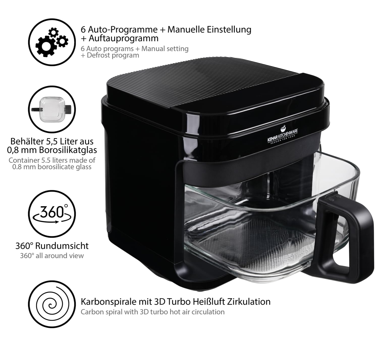 KHF-550 Heißluftfritteuse, 5,5 Liter,1.200W, Touchdisplay,Frittierkorb aus Glas ohne Beschichtung, Fritteuse mit Zange und Silikonuntersetzer (KHF-550 Standardausführung)