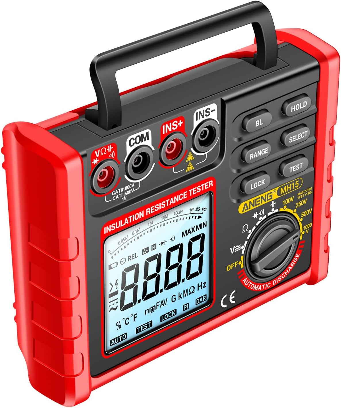 Irfora Insulation Resistance Tester 6000 Counts 0.1M Ω~2000M Ω DC/AC Vole Diode Tester with LCD Display 4 Test Vole Optional 100V 250V 500V 1000V Data Hold for Measuring