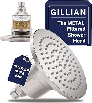 Gillian Filtered Shower Head for Hard Water - High Pressure Metal Showerhead Filter For Hair and Skin with Genuine KDF-55 - Removes Toxic Chemicals, Chlorine and Heavy Metals, Brushed Nickel